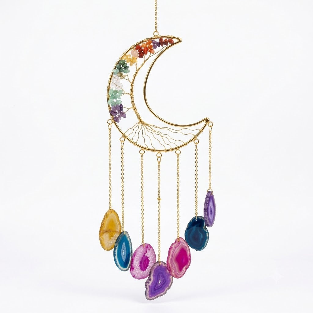 Crystal Wind Chime – Multicolor Agate Crescent Moon Hanging Décor