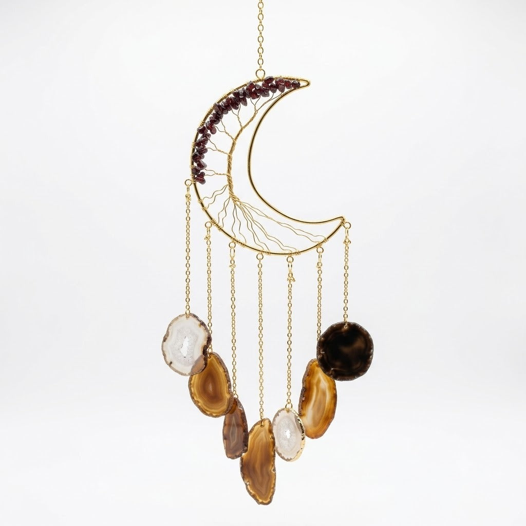 Crystal Wind Chime – Garnet & Agate Crescent Moon Hanging Décor