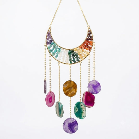 Crystal Wind Chime – Seven Chakra Agate Crescent Moon Hanging Décor