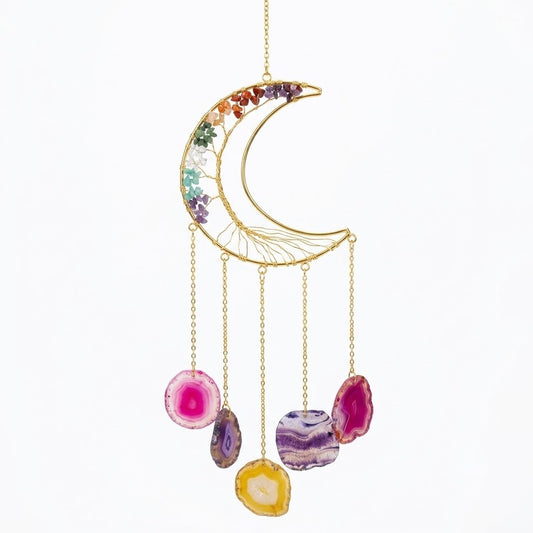Crystal Wind Chime – Multicolor Agate Crescent Moon Hanging Décor