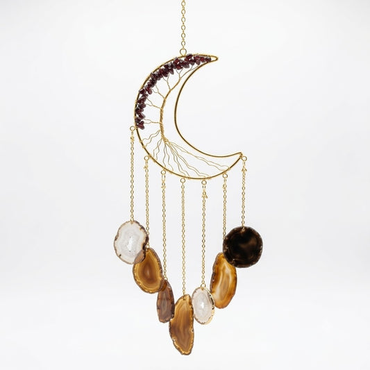 Crystal Wind Chime – Garnet & Agate Crescent Moon Hanging Décor