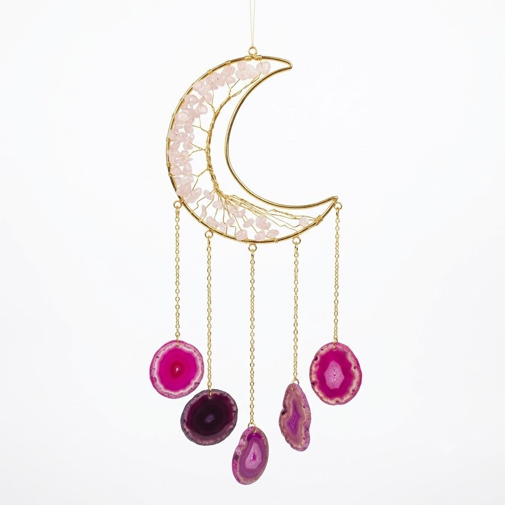 Crystal Wind Chime – Rose Quartz & Pink Agate Crescent Moon Décor