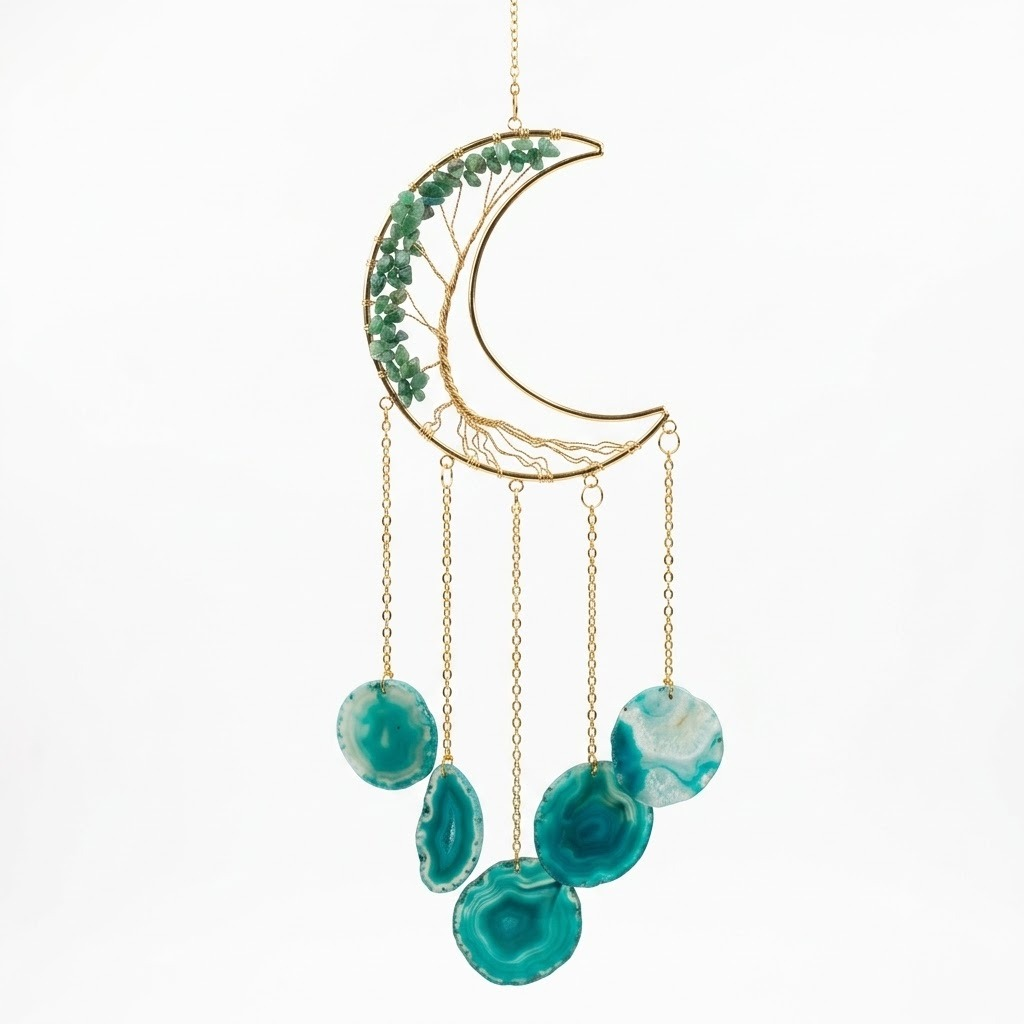 Crystal Wind Chime – Green Agate Crescent Moon Hanging Décor